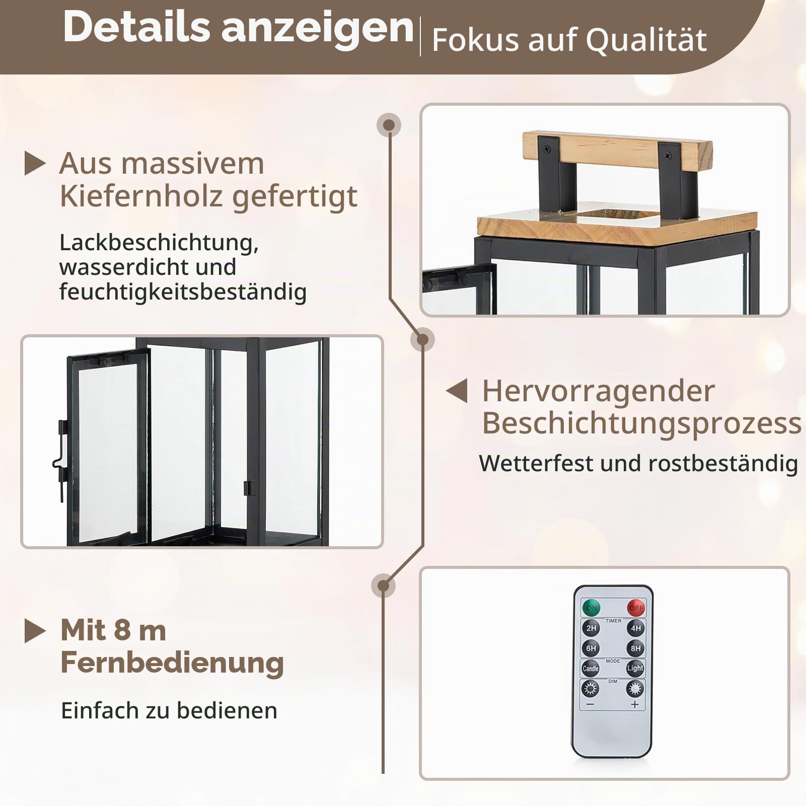 NUPTIO Laterne mit Timer für Kerzen Holz: 34 23.5cm LED Kerzen Laternen Set Schwarz Metall Outdoor Holzlaterne Kerzenlaterne Draußen Weihnachten Grablaterne Friedhof Wetterfest Gartenlaterne Windlicht