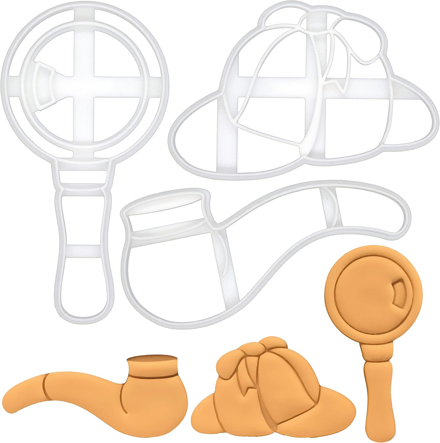 Set of 3 Detective themed cookie cutters (Designs: Deerstalker Hat, Smoke Pipe and Magnifier), 3 pieces - Bakerlogy
