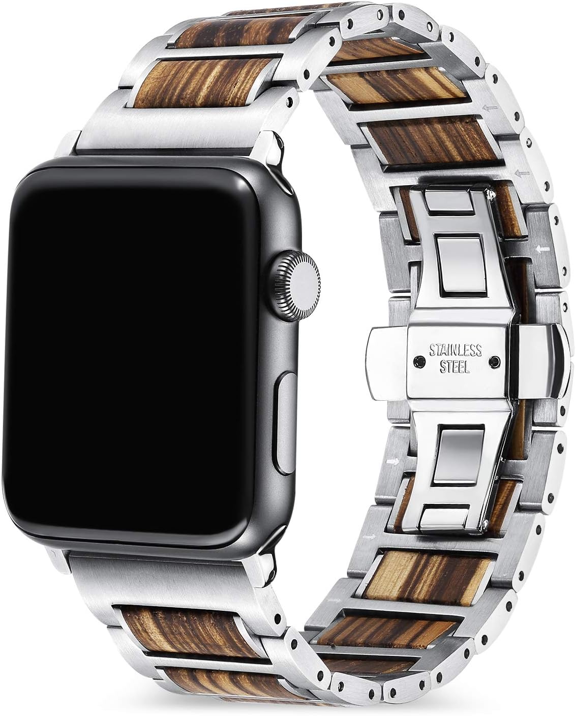 Black Stainless Steel and Zebrawood Band Compatible with Apple Watch 38mm/40mm