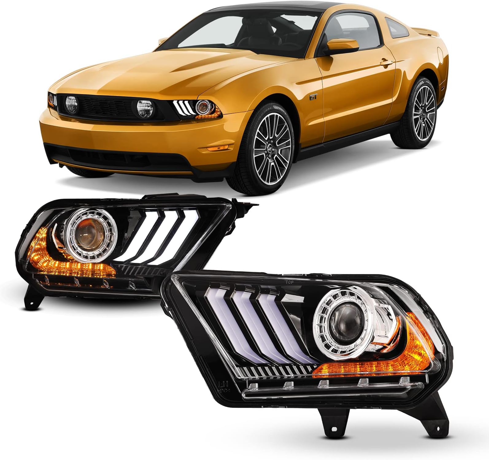 Headlights Fit for 2010-2012 Ford Mustang with Halogen Version Headlights Models Only, Dynamic Turning Lights, Driving Head Light Replacement Assembly