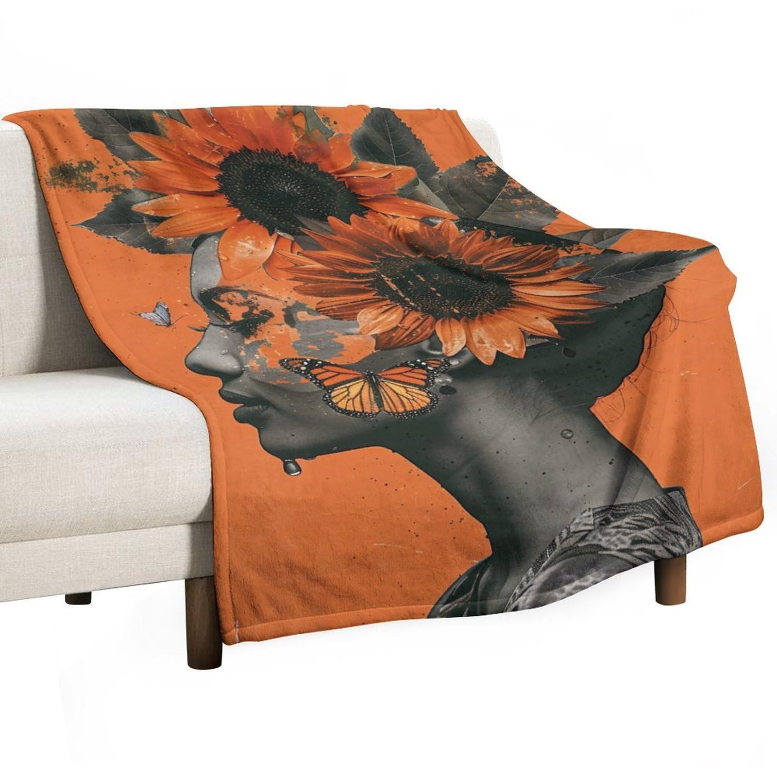 YHGSREUOH Orange Sunflower Woman Butterfly 01 Flannel Blankets Fleece Soft Throw Lightweight Plush Gifts for Couch, Bed, Cozy Sofa Plush, Chair, Lovers 130x175cm(50x70in)