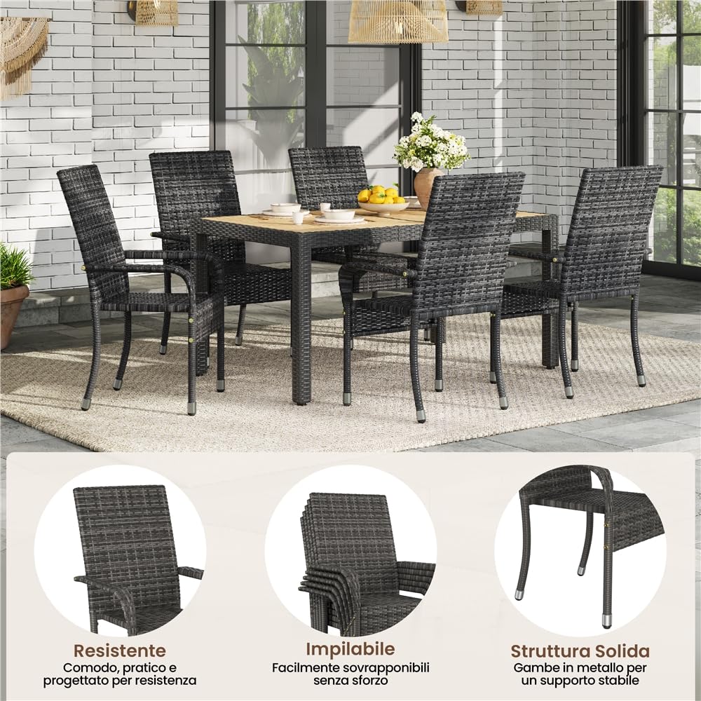 Yaheetech Set di 2 Sedie Impilabili in Rattan Sedia da Giardino con Braccioli Piedini Regolabili e Schienale per Esterno Balcone Patio Terrazza Grigio