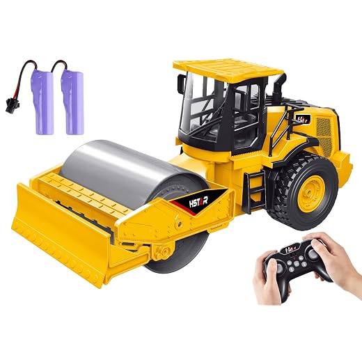 NOKA Remote Control Road Roller Truck Toy for Kids, 1:18 Scale RC Construction Vehicle with 2 Batteries & Lights, 7-Channel Engineering Road Planer, Outdoor Sandbox Car, Birthday Gift for Boys Kids 6+