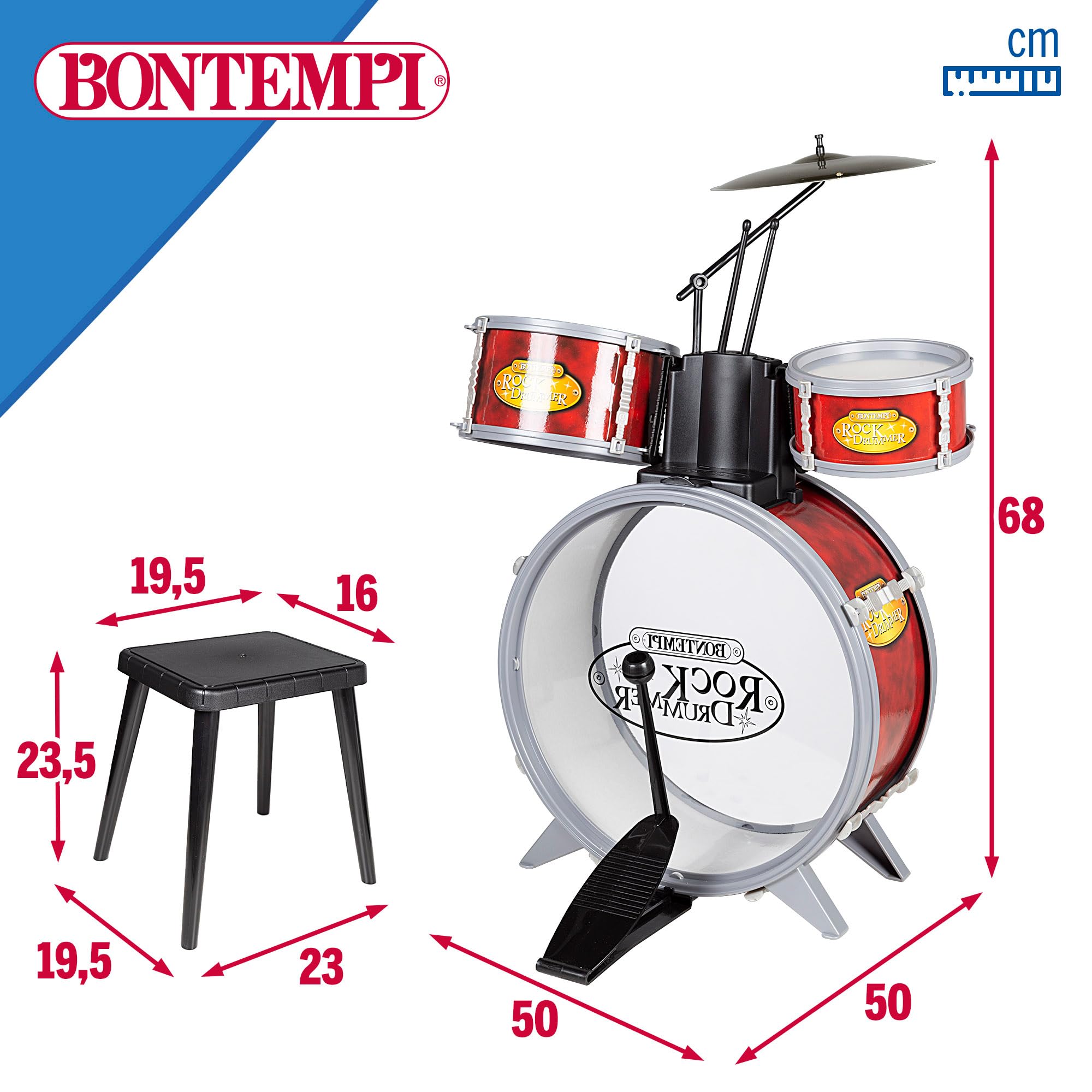Bontempi BeatMaster: Batería para niños con sonidos realistas y mucha diversión, rojo y transparente, 500x500x680 mm
