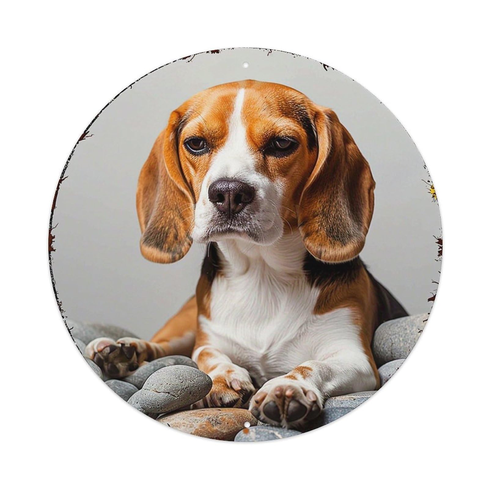 Beagle Dog Stone Background Circle Metal Tin Sign Plaque