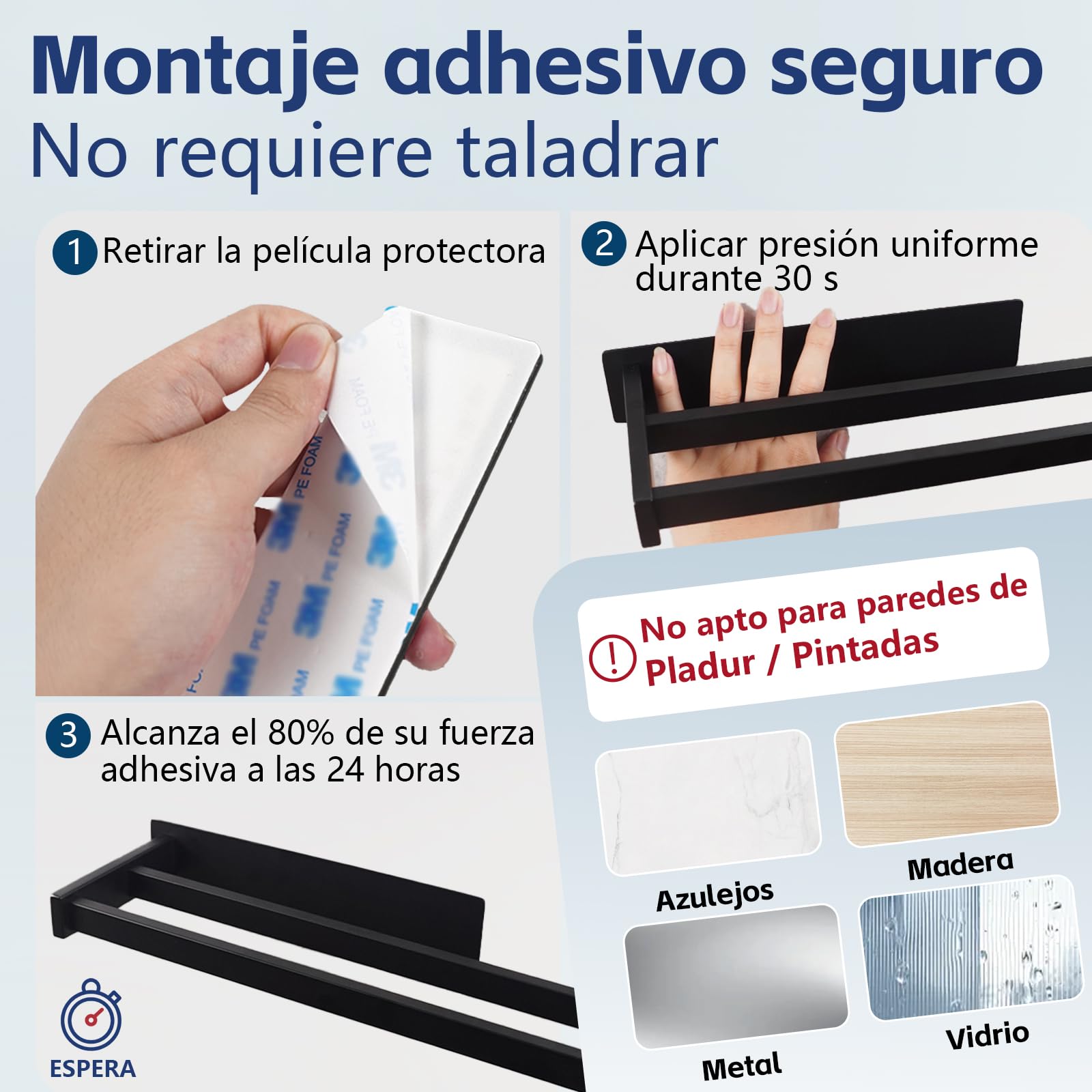 Feligio Toalleros de Baño Sin Taladro Negro 36 cm - Toallero Adhesivo Baño Acero Inoxidable Doble Barra - Fácil Instalación para Cocina y Baño