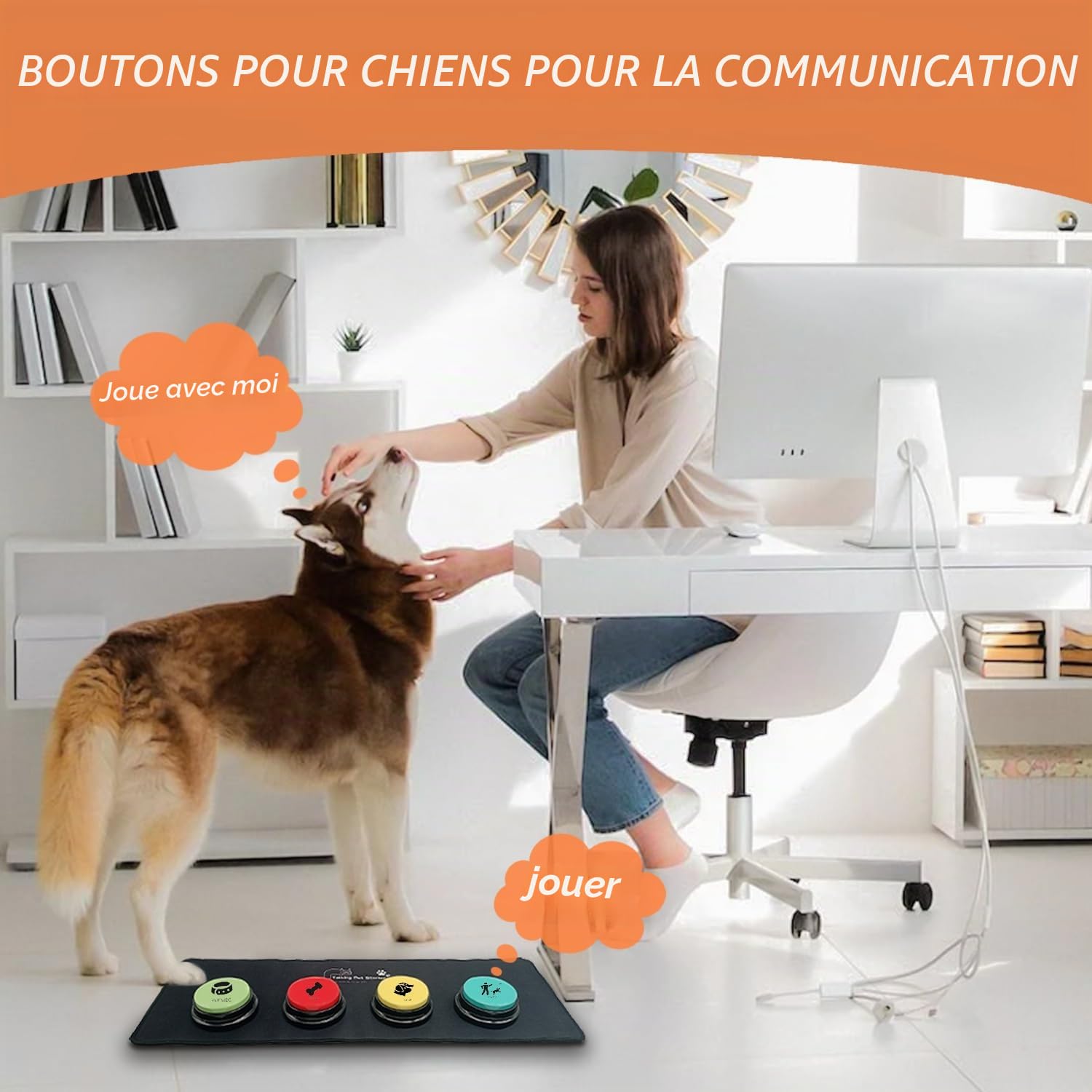 4 Boutons de Communication pour Chien, Boutons enregistrables, Boutons pour Chiens, 4 Boutons, 1 Tampon en Caoutchouc, 50 Autocollants, entraînez Votre Chien à Parler