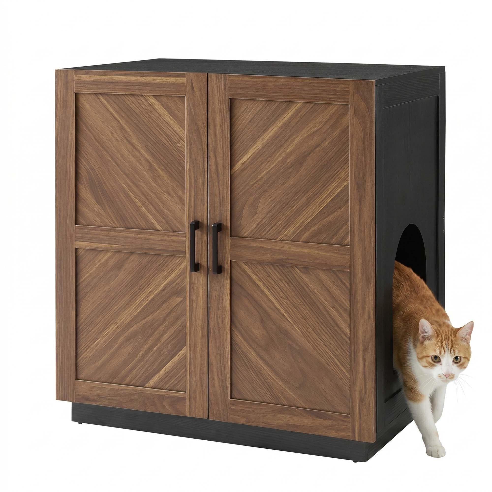 unipaws cat litter box enclosure furniture with storage shelf, tall hidden litter box cover for tall or top entry litter box, kitty enclosed cabinet, cat box with odor control, walnut and black