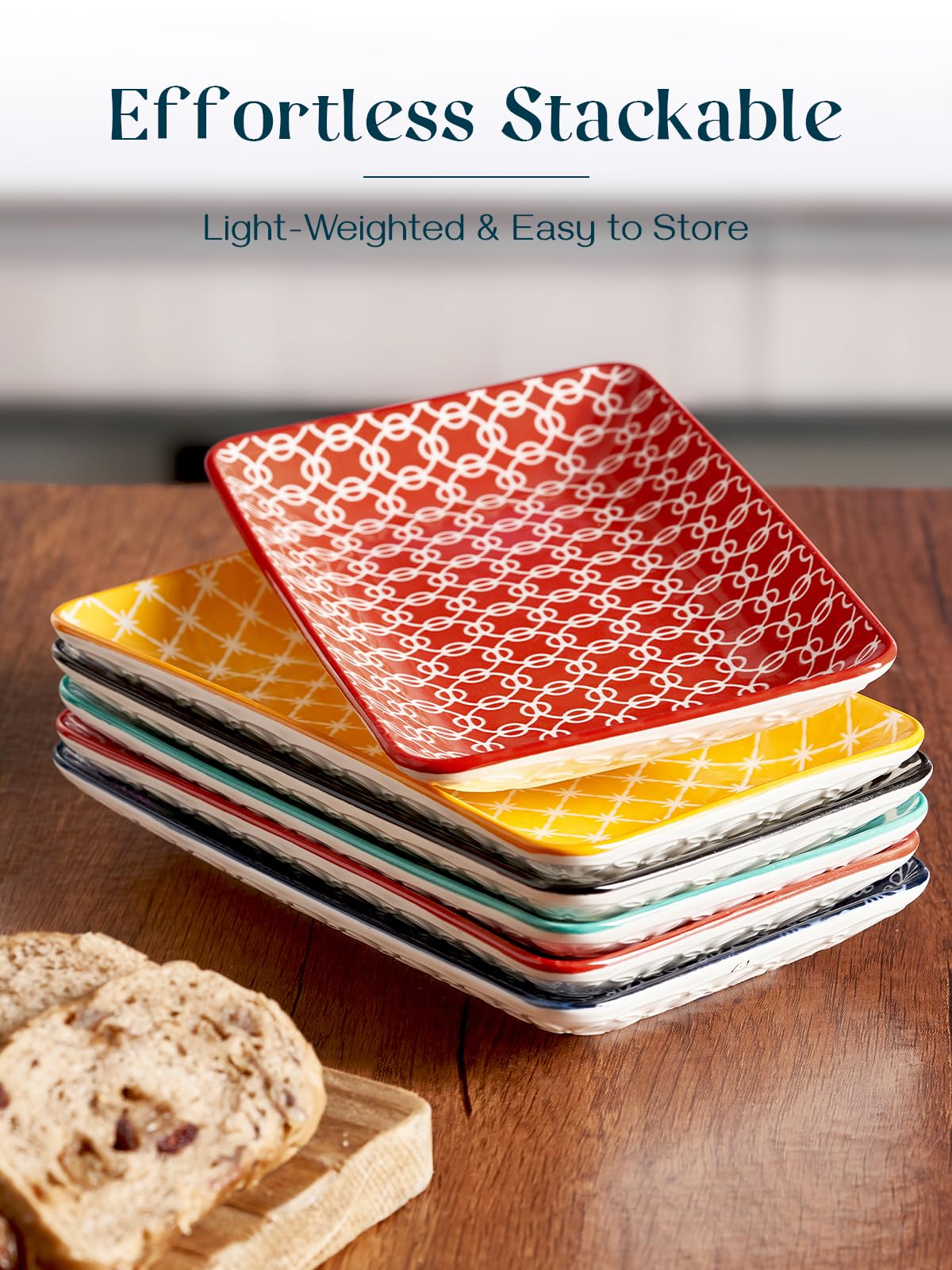 DOWAN Lot de 6 Plats de Service - Assiettes à Dessert en Porcelaine de 20,5 cm - pour apéritif, sushi, fruits, salade, gâteau - Passent au Micro-ondes/Four/Lave-vaisselle - Multicolore