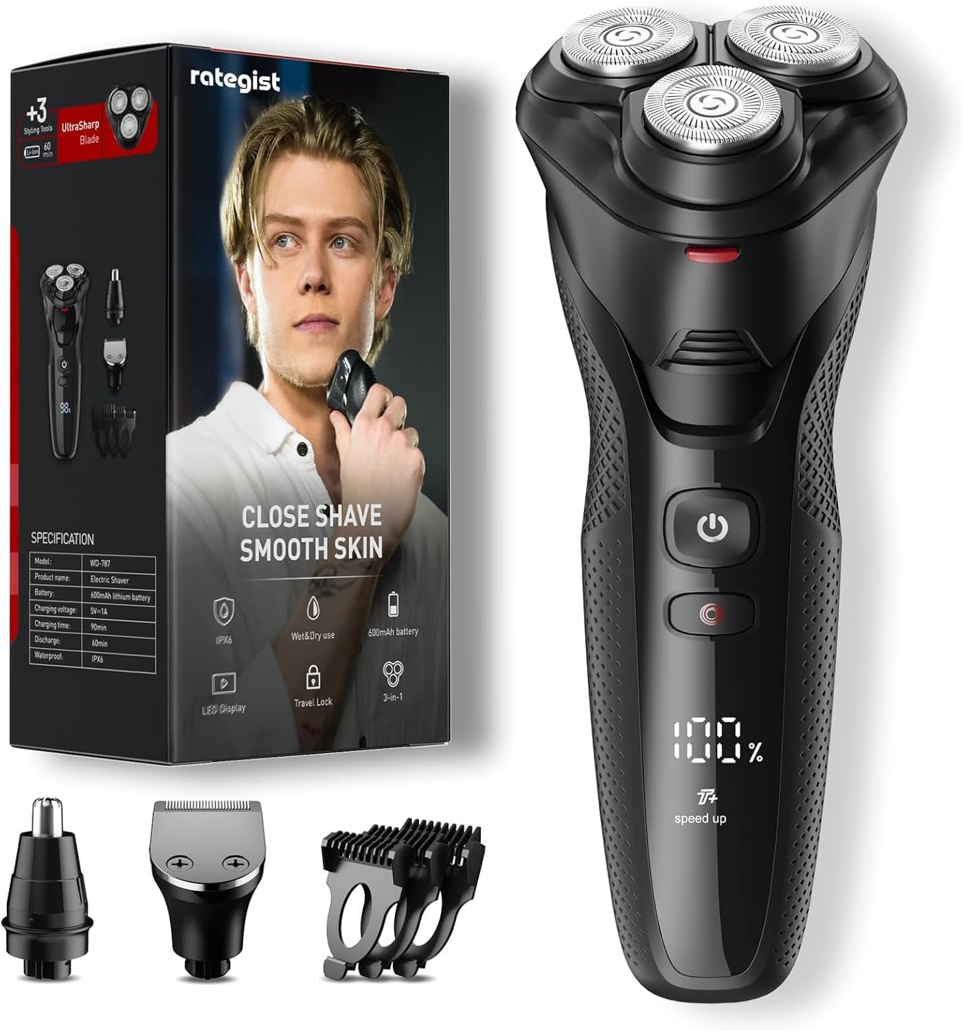 Cordless Electric Razor for Men: 3-in-1 Shaver for Beard/Nose/Sideburns - IPX7 Waterproof Travel Kit - Precision Blades & Turbo Speed, Valentine's Day Gifts