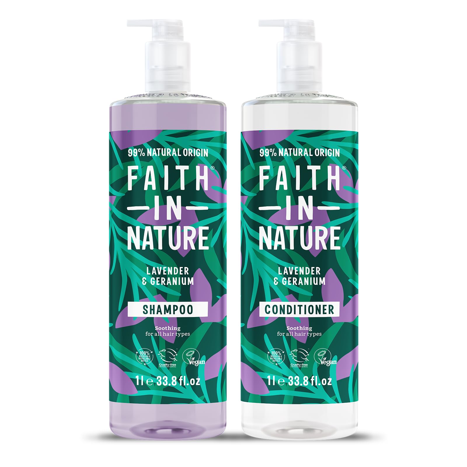 Faith In Nature 2 x 1L Natural Lavender & Geranium Shampoo and Conditioner Set, Nourishing, Vegan & Cruelty Free