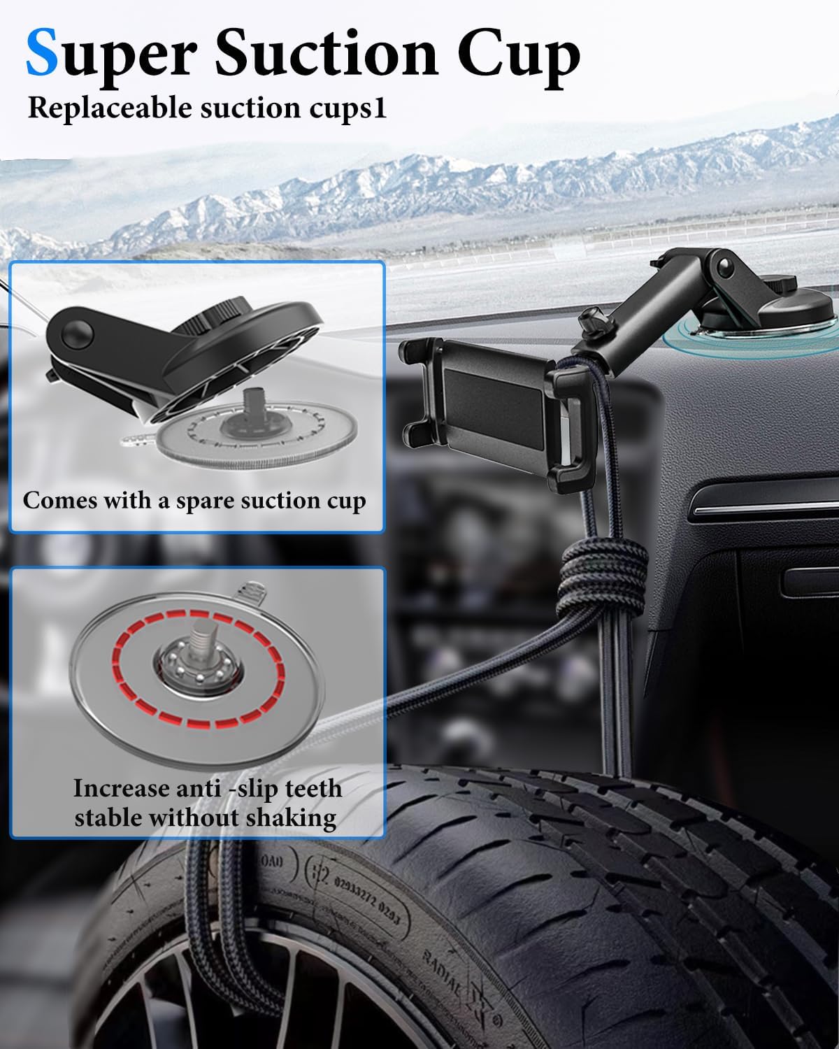 Car Tablet Holder Mount for Car Dashboard Windshield [Strong Backup Sucker] Reusable Suction CupTablet Mount for Car with Telescopic Arm for iPad Pro Air Mini 4.7-13" Devices.
