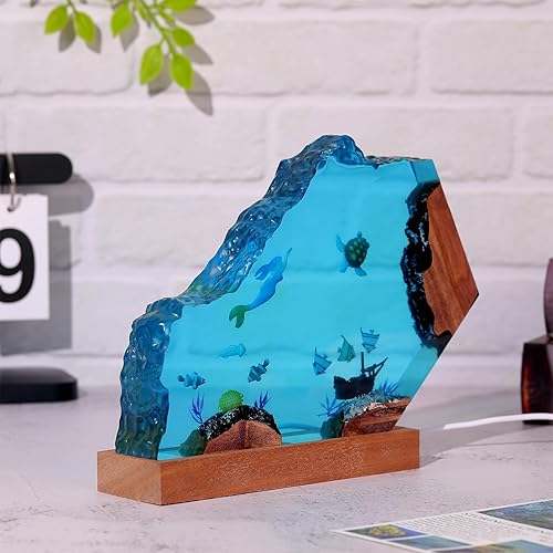 Miniatura 10 de Drawelry Lámpara creativa de luz de madera de resina epoxi, hecha a mano, con forma de onda profunda, lámpara de océano acuático profundo, buceador,