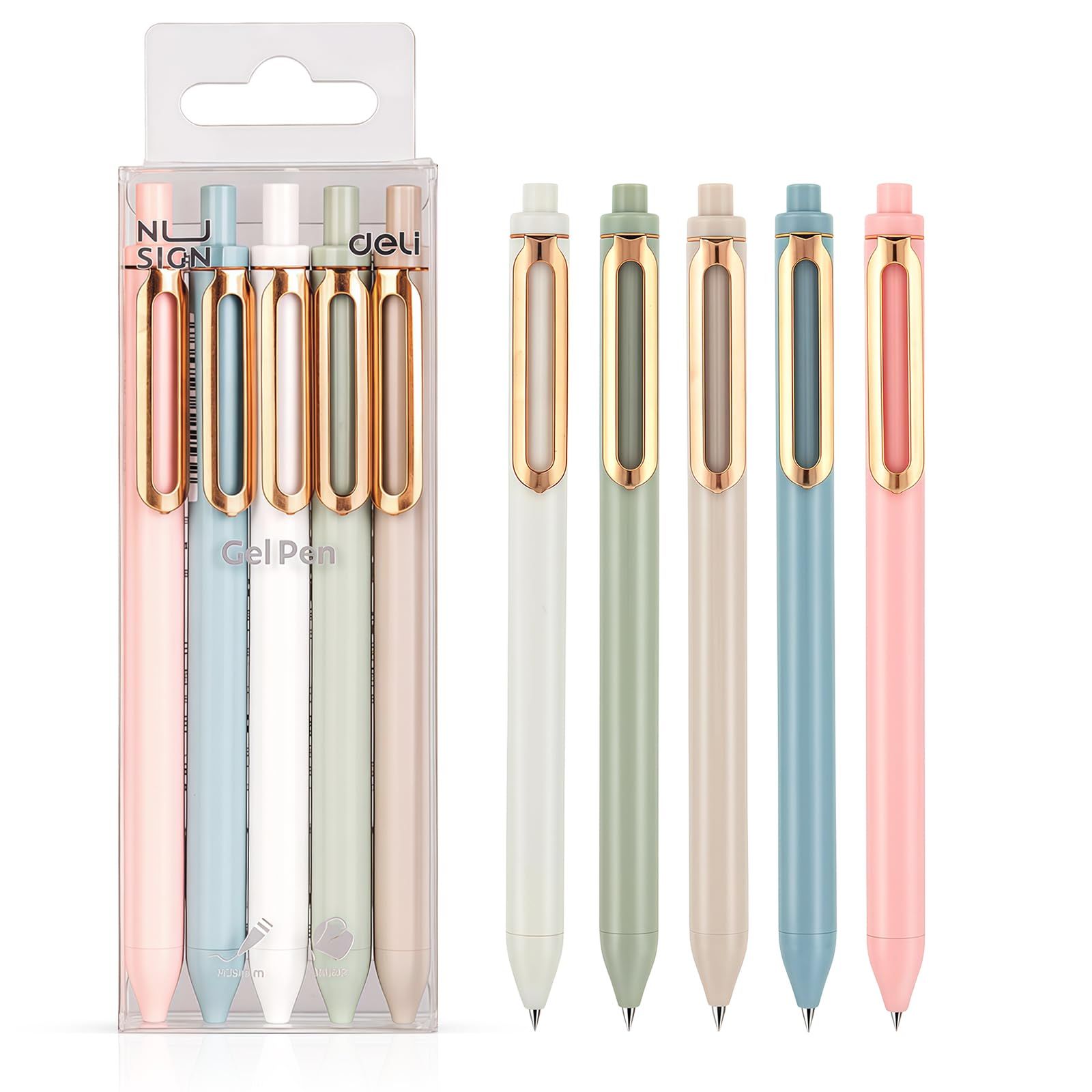 AMFUN Gel Pens，5PCS 0.5mm Fine Point Black Ink Retractable Pens with Metal Clip，Morandi Series for Writing, Note Taking