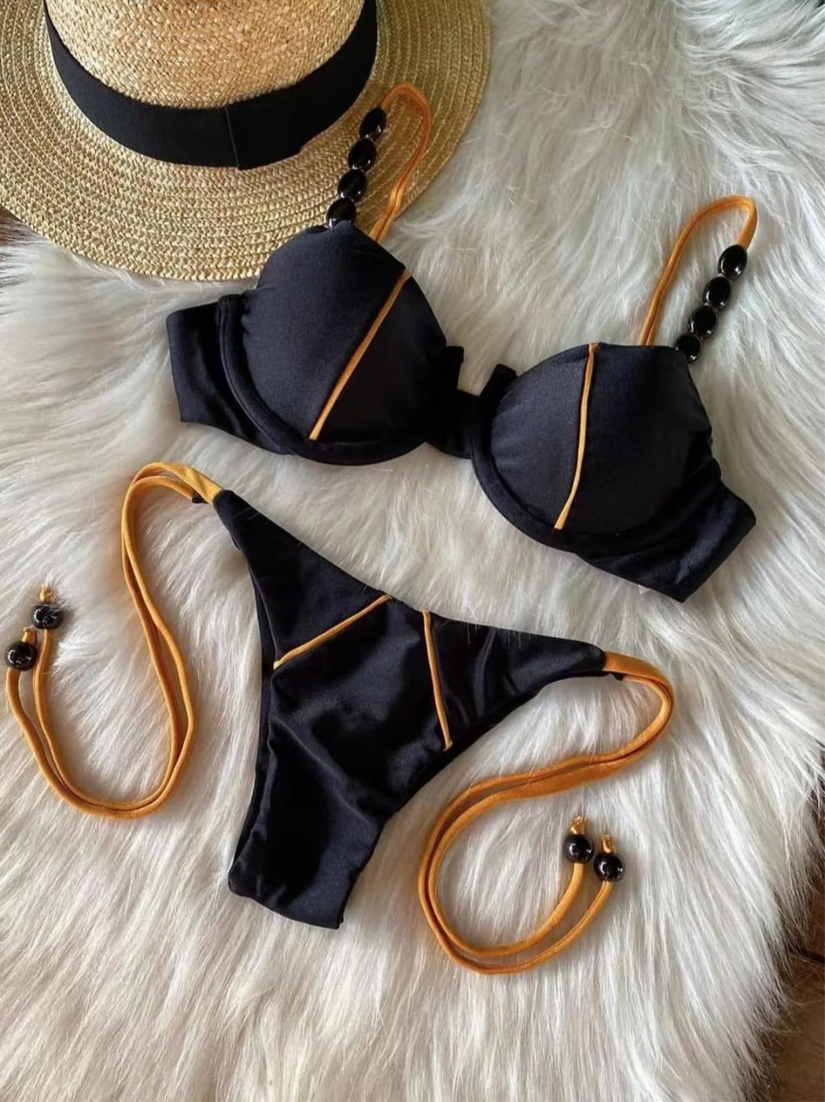 WANGSHUO Bikini Donna Donne Contrasto Tubazione Push Up Set di Bikini, Spaghetti A Perline Cinghie Cravatta Laterale Due Pezzi Costume da Bagno Brasiliano Costumi Spiaggia-nb08-m