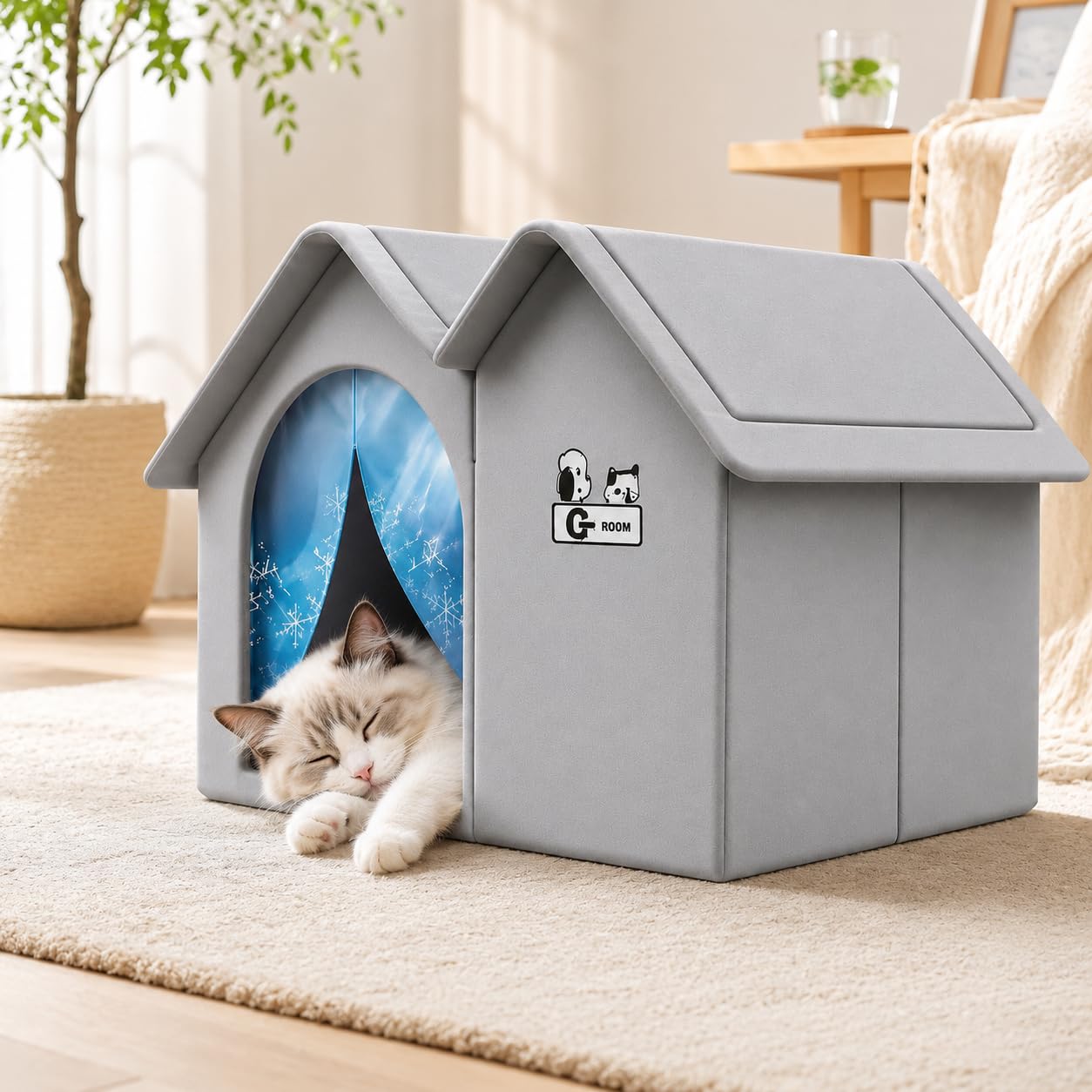 Maison Rafraichissante pour Chat - avec 6 Packs De Glace, Cabane Rafraichissante Chat, Maison RafraîChissantes Pliable pour Petites, Moyennes Et Grandes Races (Gris,60 * 42 * 38CM)