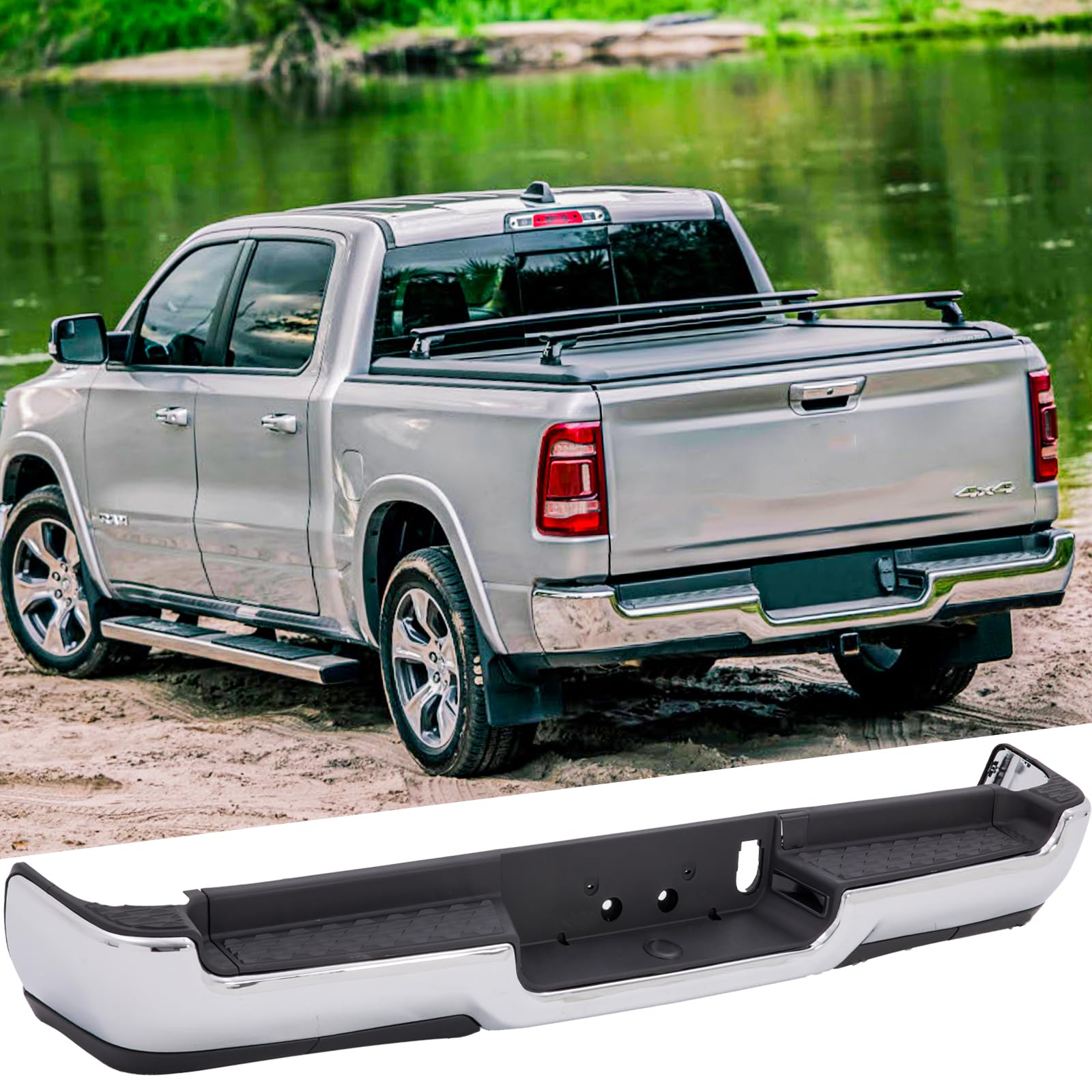 Rear Steel Step Bumper Assembly Compatible with 2019-2024 Dodge Ram 1500 without Dual Exhaust without Park Sensor Holes Chrome Back Bumper Replacement for CH1103136
