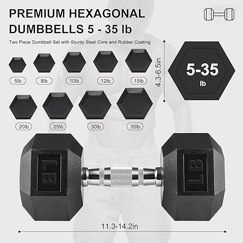 Miniatura 2 de Mancuernas hexagonales con mango de metal, juego de 2 mancuernas de goma para ejercicio muscular pesado, juegos de pesas de mano para hombres y