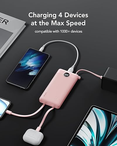 Miniatura 5 de VRURC Cargador de teléfono portátil, cargador portátil de carga rápida PD de 20 W para iPhone, banco de batería de 10000 mAh con cables, 4 salidas 3