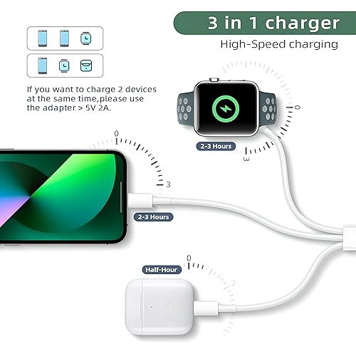 Miniatura 2 de Cable de carga 3 en 1 para teléfono y Apple Watch, cable de carga USB compatible con iWatch Series 9 8 7 6 5 4 3 2 1 SE1 SE2 Ultra 2, iPhone