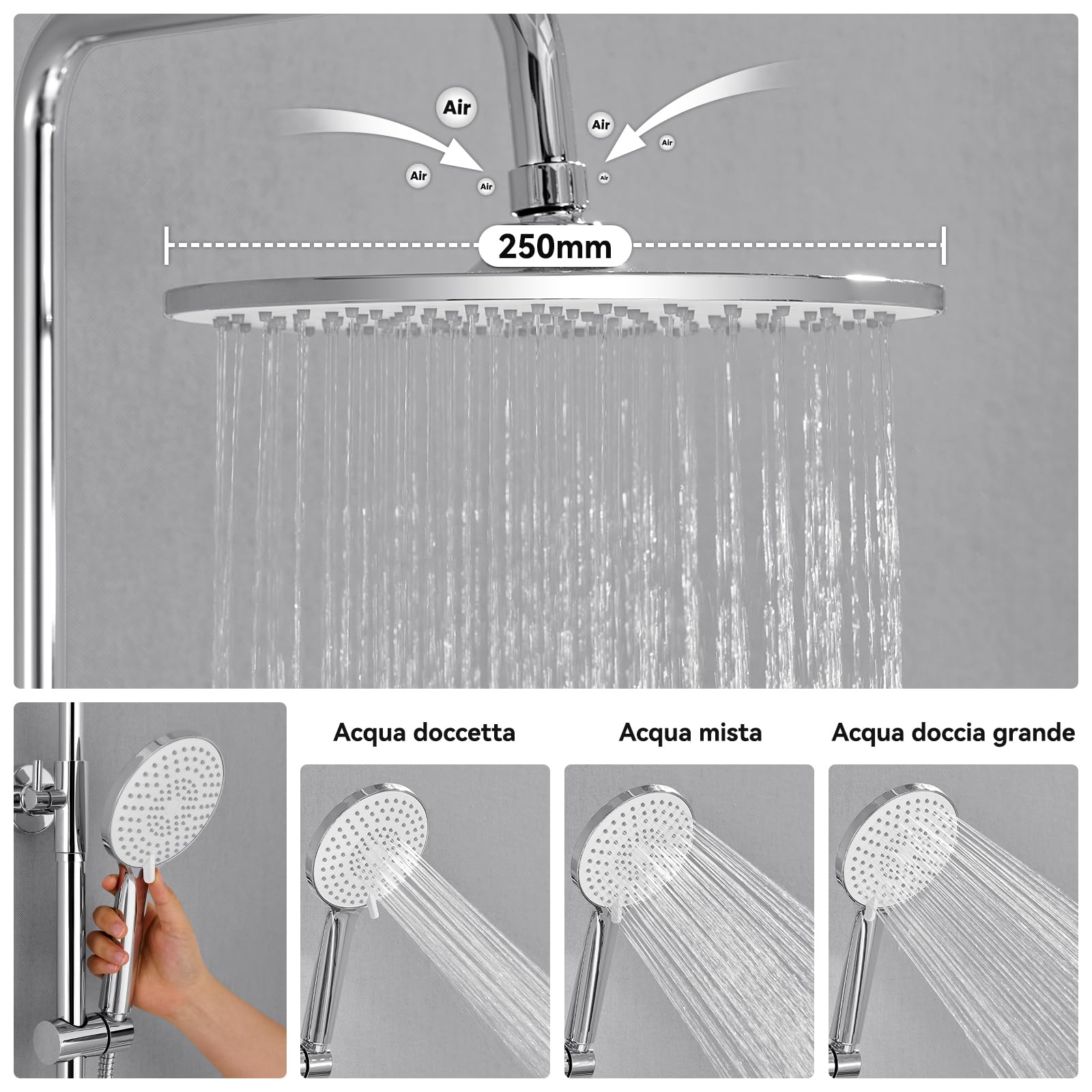 Auralum Colonna Doccia con Miscelatore Termostatico, Set Doccia con Soffione Doccia ∅25cm e Doccetta 3 Funzioni, Colonna Doccia con Asta Saliscendi Doccia Altezza Regolabile 102-125cm, Cromo