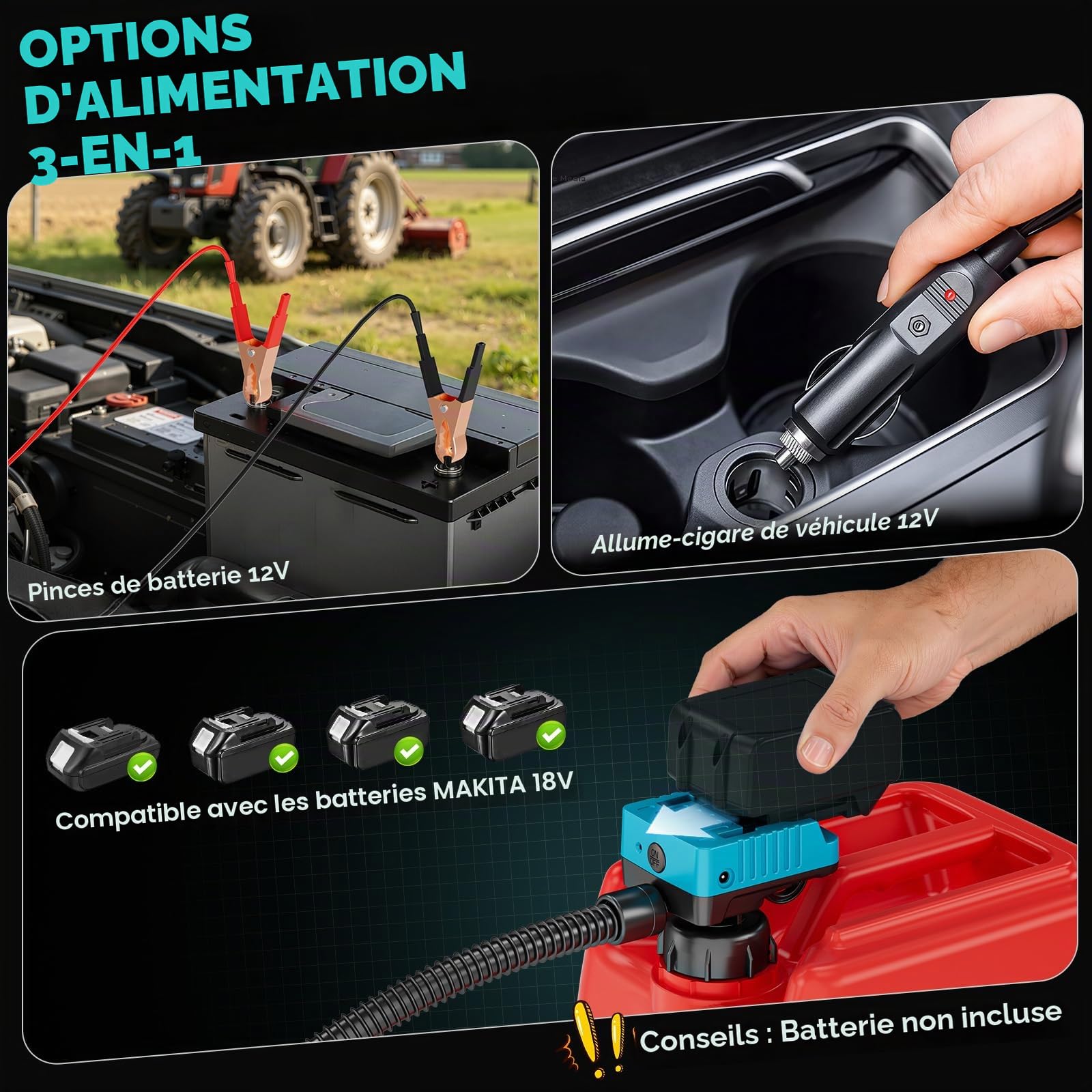 Ecarke Pompe Electrique Carburant 5GPM avec Arrêt Automatique et Alerte Sonore, Compatible avec Batteries M-akita 18V, Tuyau 1,3m, Pompe a Carburant Adaptée Aux Machines D'extérieur(Outils Uniquement)