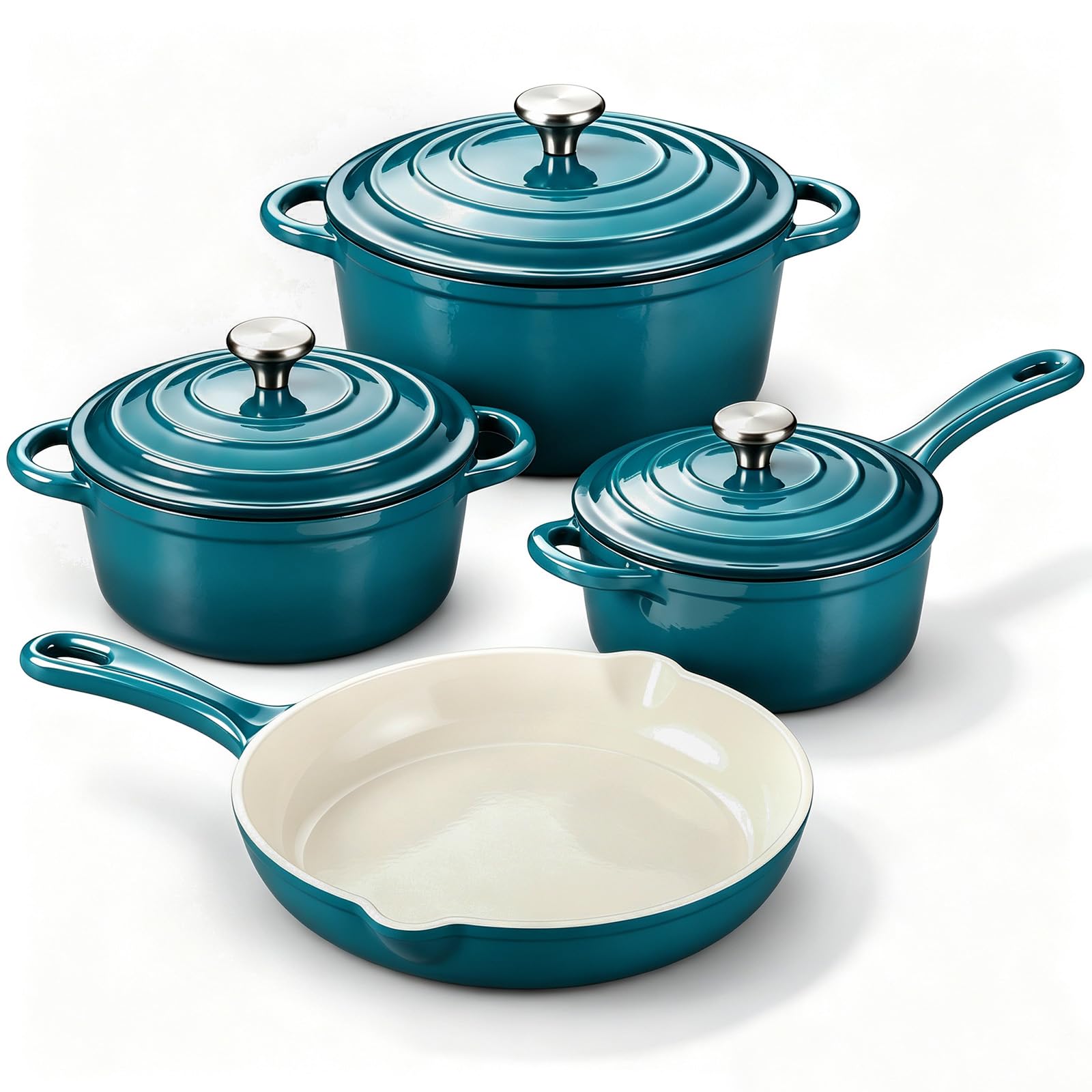 Enameled Cast Iron Cookware Set, 4-Piece Pots and Pans Set with Lids, 10.25" Skillet, 2QT…