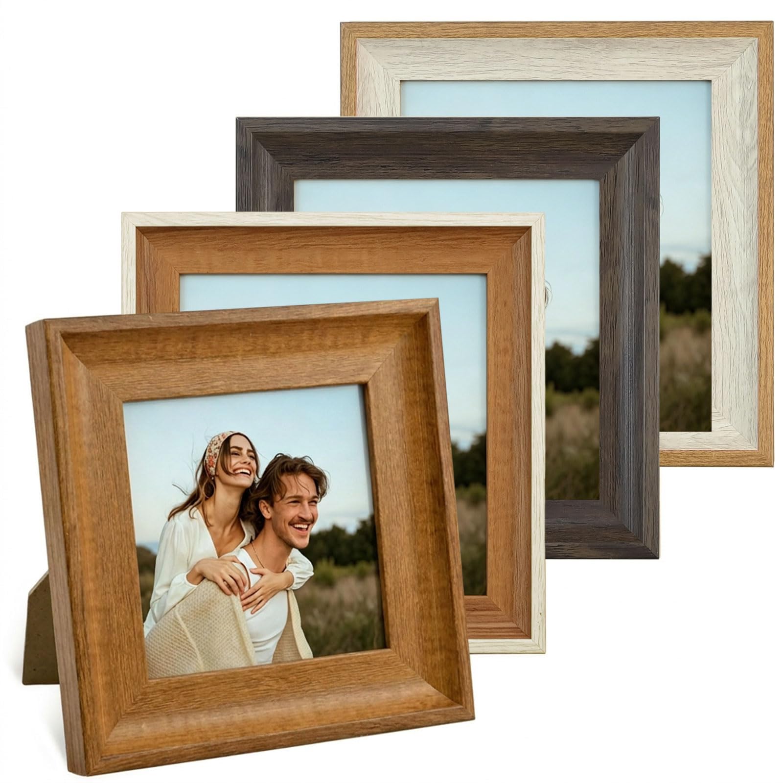 4PCS Square Photo Frames 6x6 - Modern Style Resin Photo Frame with Acrylic Glass, Vintage Picture Frames for Tabletop or Wall Hanging, Home Decoration (Natural Wood, Walnut, White Oak, Light Brown,)