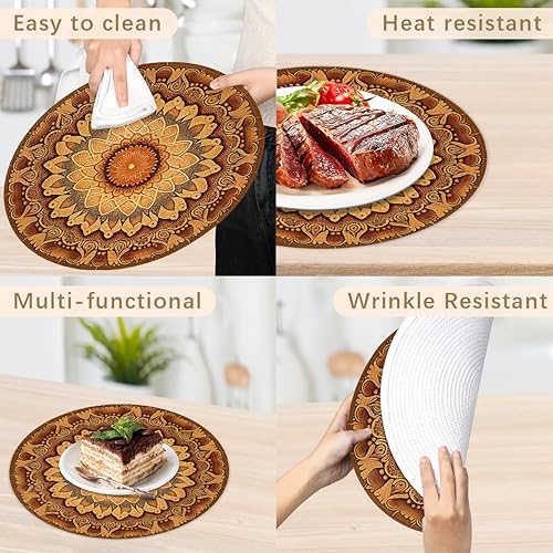Miniatura 5 de Juego de 6 manteles individuales redondos, manteles individuales tejidos con mandala dorados, antideslizantes, resistentes al calor, lavables,