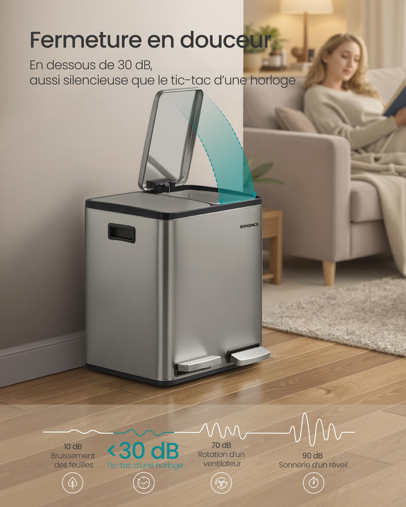 SONGMICS Poubelle de Cuisine 2 x 15 L, Corbeille de Tri 2 Compartiments, avec 15 Sacs Poubelle, Seaux Amovibles, avec Couvercle, Poignées, Fermeture en Douceur, en Acier Inoxydable, Argent LTB130EZ01