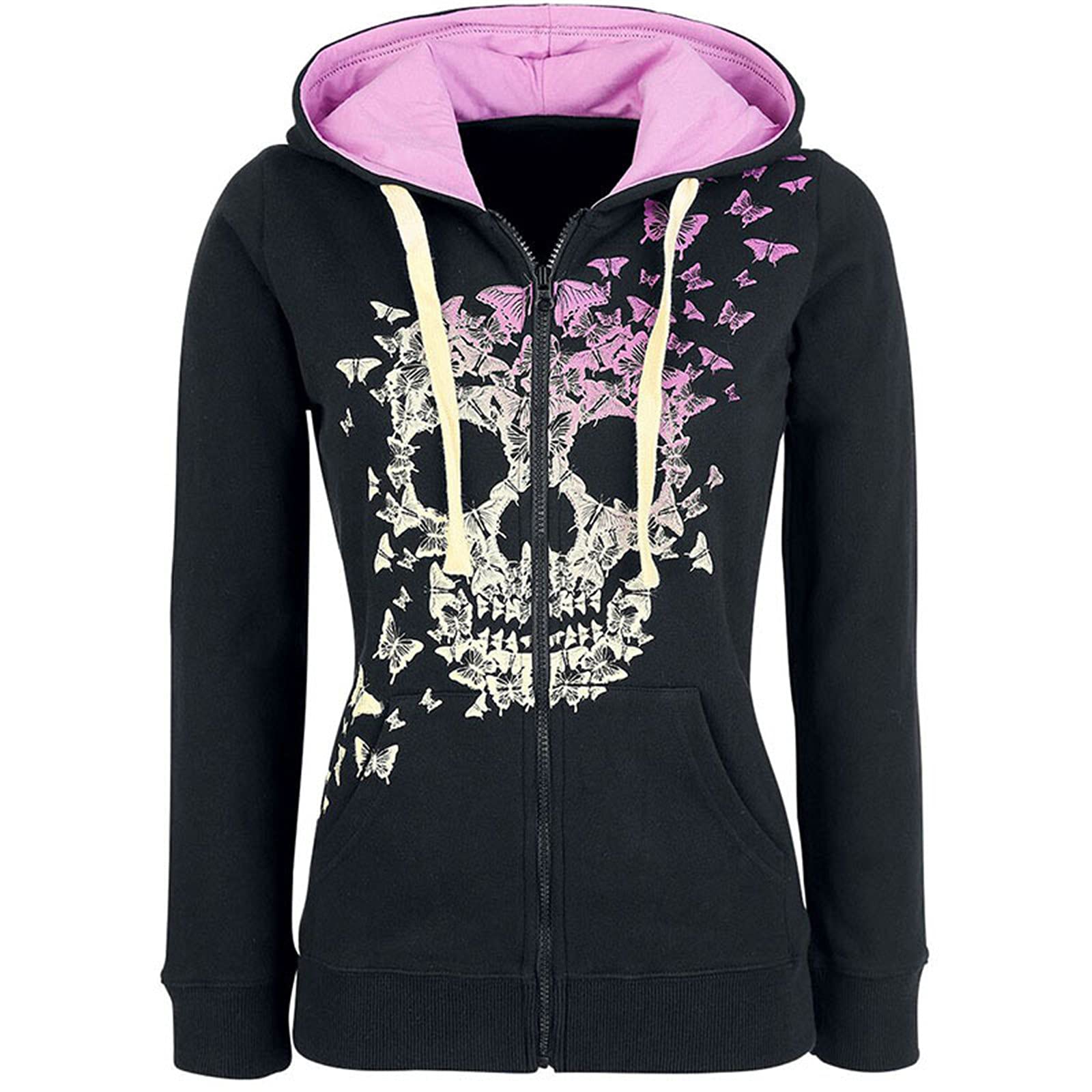 BIUU Women Skull Printed Hoodies Sweatshirt Plus Size Steampunk Gothic Printed Kangroo Pockets Jacket Tops for Women Love Heart Graphic Four Leaf Clover Jackets Haunted House, pink, BIUU-210825