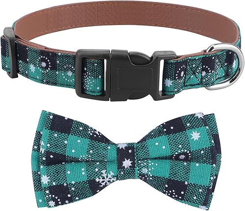 Collar de Navidad para perro con elegante corbatín, cuero de alta calidad, algodón rojo y verde, copo de nieve, duradero, suave, cómodo, de tela