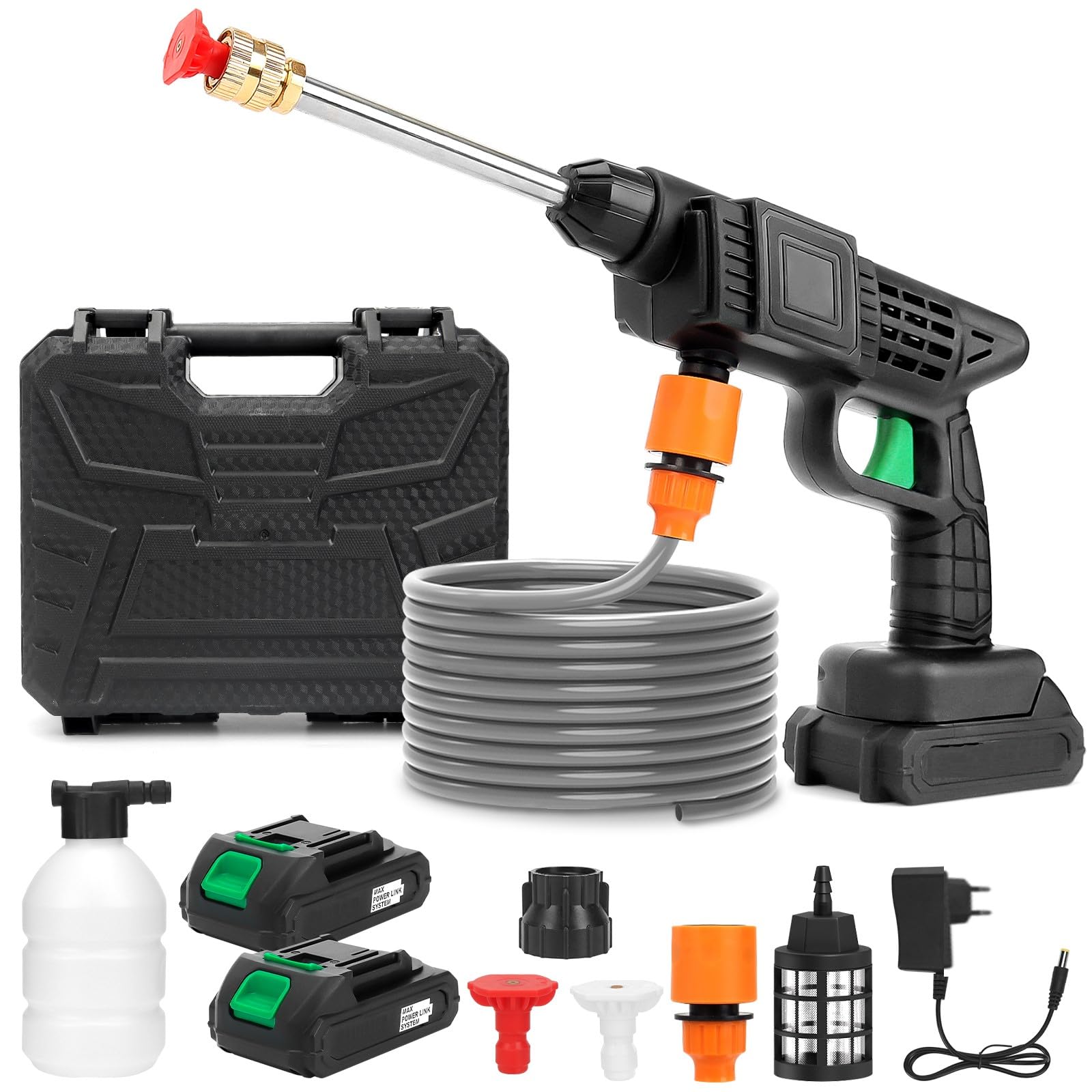 Akku Hochdruckreiniger,960PSI Hochdruckreiniger mit 2 Akkus,2-in-1-Düse,5m Schlauch und Schaumkanone – Mobiler Hochdruckreiniger,Tragbarer Pistole für Auto,Terrasse,Garten,Fahrrad und Außenbereiche