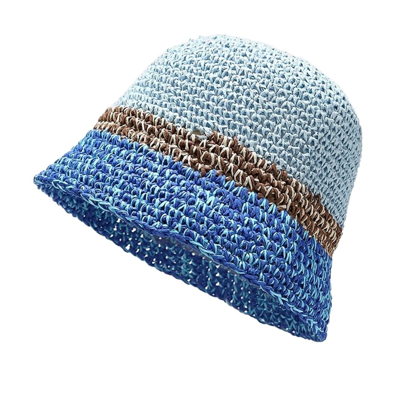 Sombrero de Playa para Mujer, de Paja Tejida a Crochet, Estilo Pescador, para Verano (Azul, 6 7/87 1/8)