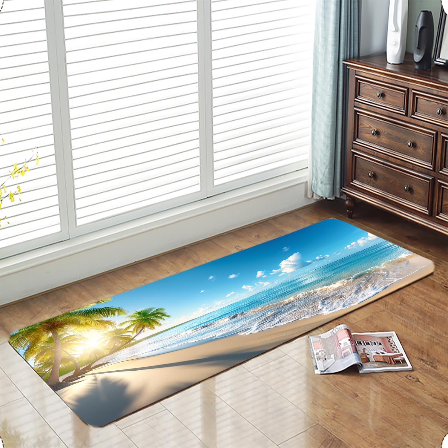 LYFANS Memory Foam Bath Mat, Non Slip Absorbent Flannel Bathroom Rug, (18" X 47") Soft Washable Shower Floor Mat with Palm Tree Beach, Decorative Bath Rugs for Bathroom, Kitchen, Entryway, Bedroom