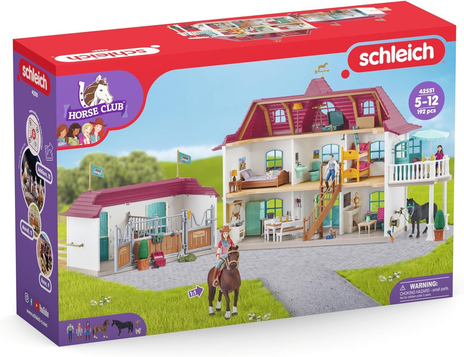 Schleich Horse Club | Lakeside Pferdehof 42551 | ab 5 Jahre | 192 Teile | Set inkl. Haus mit Pferdestall, 2 Pferden, Hannah, ihren Eltern & Zubehör | Geschenk für Mädchen & Jungen