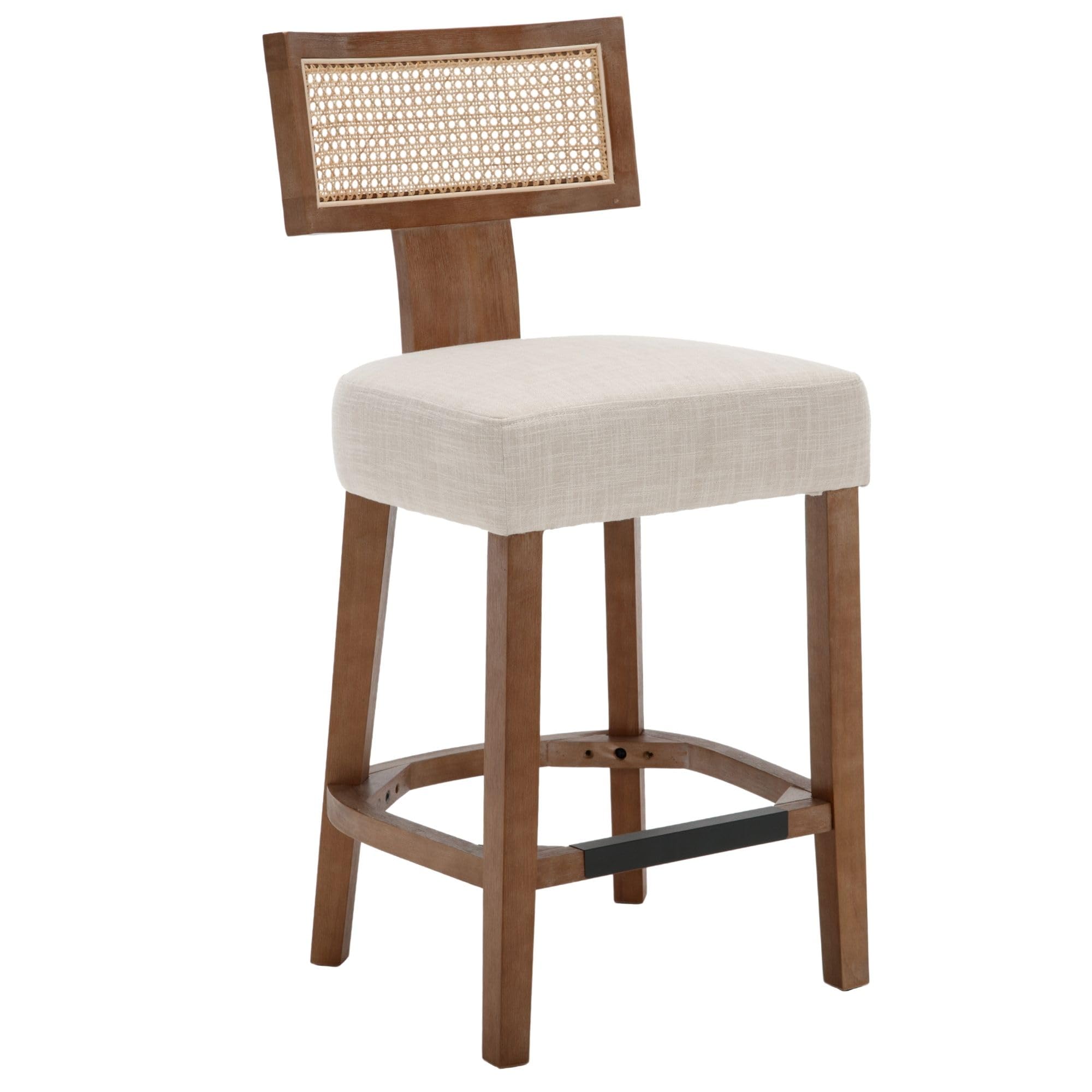 26’’ Rattan Barstools with Back Counter Height Bar Stools Set of 1, Modern Farmhouse Beige Linen Upholstered Wicker Counter Stools, Woven Boho Bar Height Stools with Natural Wood Frame