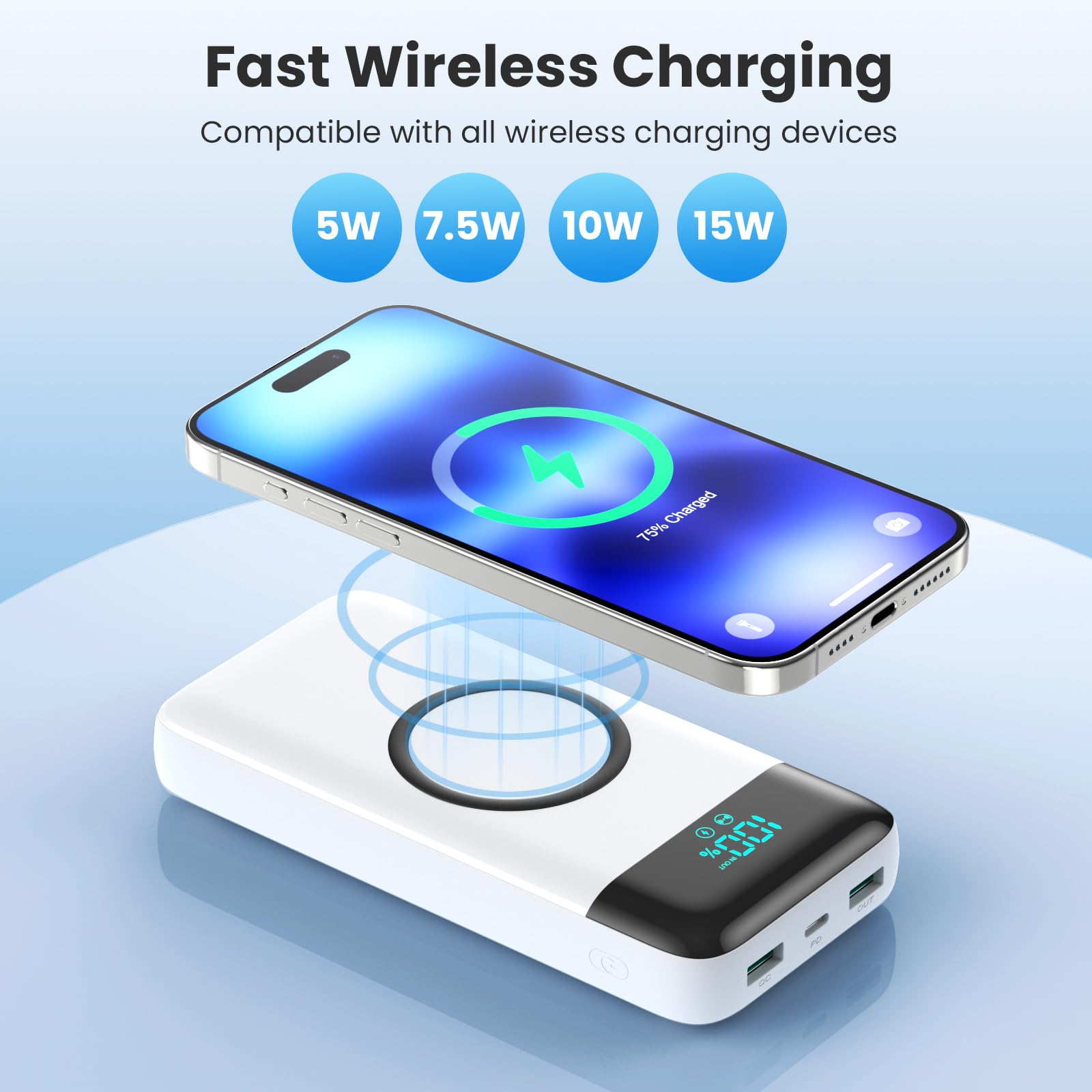 Ekrist Power Bank Wireless 26800mAh con 3 Cavi, 7 in 1 Caricatore Portatile Wireless Ricarica Rapida 25W PD3.0+QC4.0, Display LCD Batterie Esterna 6 Uscite Compatibile con iPhone Huawei Samsung ecc.