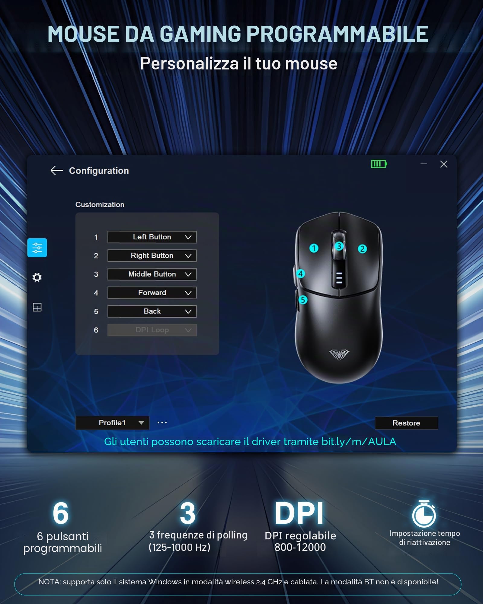 AULA SC580 - Mouse wireless da gioco, Tri-Mode 2,4 Ghz/USB-C/BT5.0, fino a 10000 DPI, 6 pulsanti programmabili, mouse da gioco leggero, ricaricabile per laptop, PC, Mac, tablet