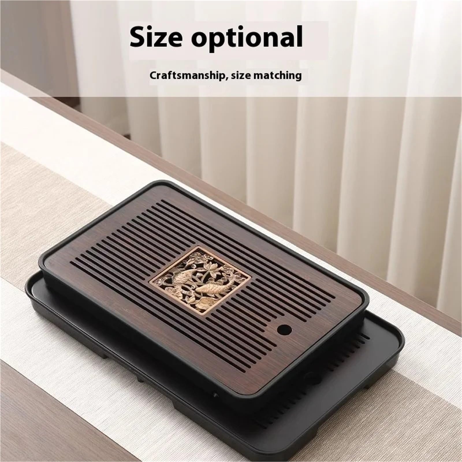Bandeja de té portátil de bambú rectangular de 43 cm para ceremonia de té, doble propósito con drenaje y almacenamiento de agua, diseño de bendición perfecta para el hogar y regalo.