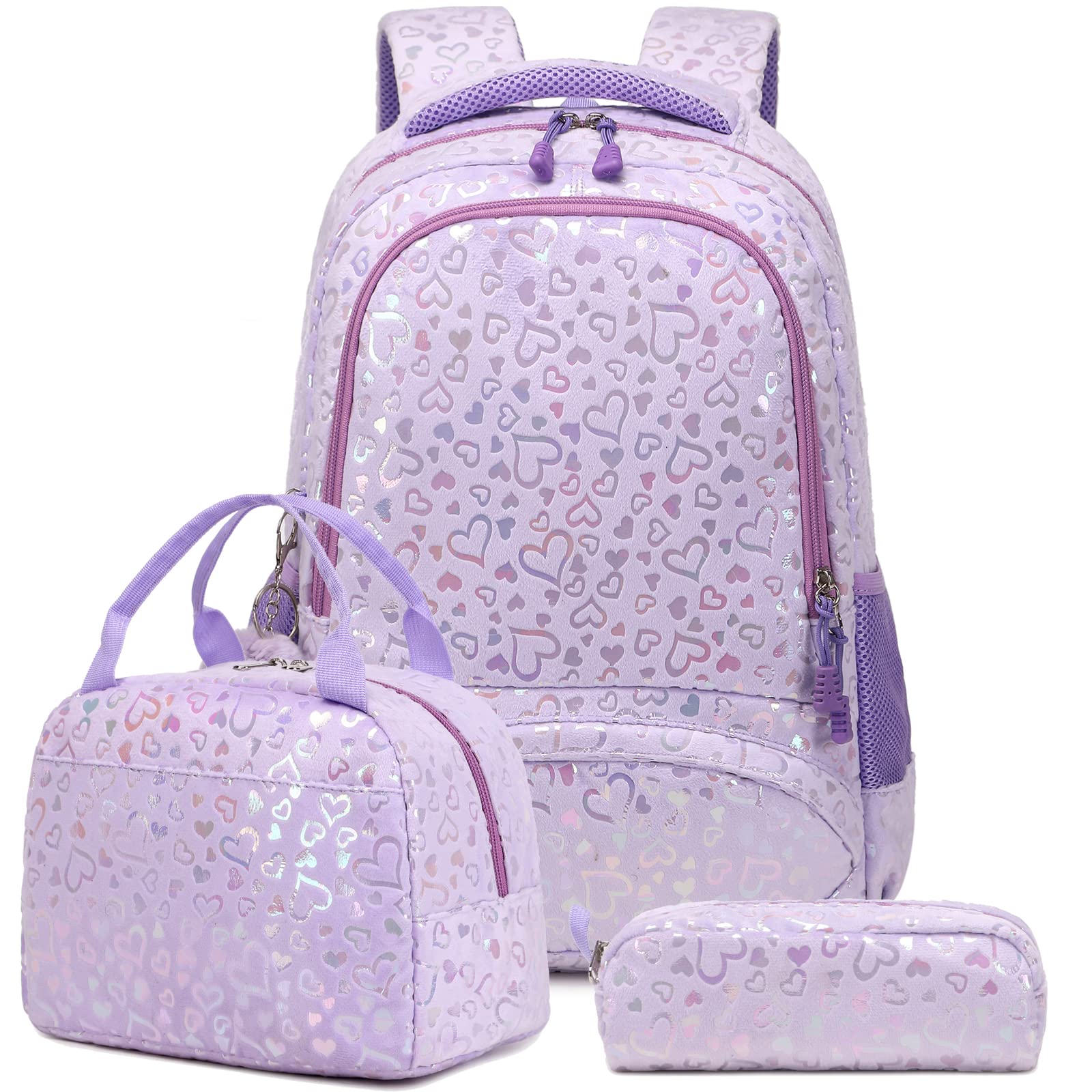 Kimwadalh Cartable Primaire Sac à Dos pour Filles Amour Sac à Dos pour Enfants,Léger Cartable 3 PCS Ensemble de Sacs d'école,avec Sac à Lunch et Trousse