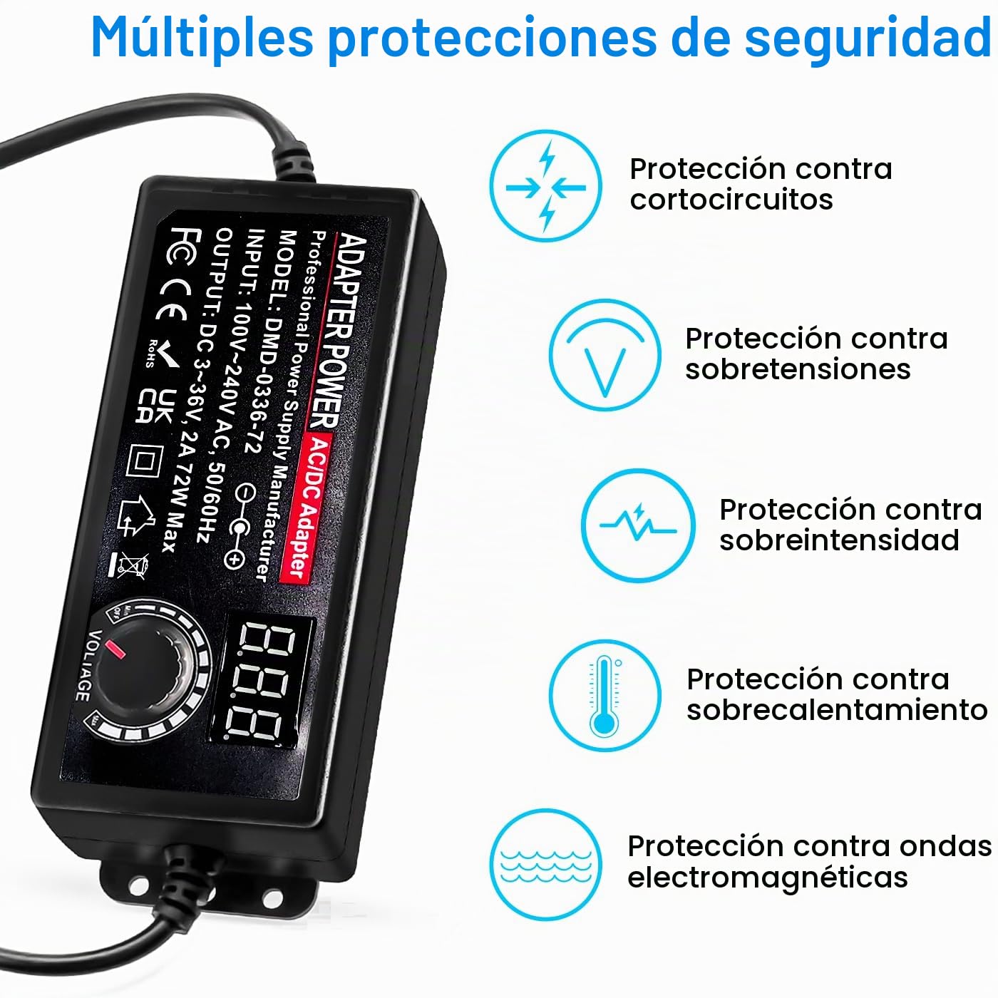 Adaptador de Corriente Universal 2A 72W, 3V-36V Fuente de alimentación Universal 100V-240V AC a DC Adaptador Universal con 14 Conectores y Cable de Polaridad Inversa para Cámara CCTV Enrutador