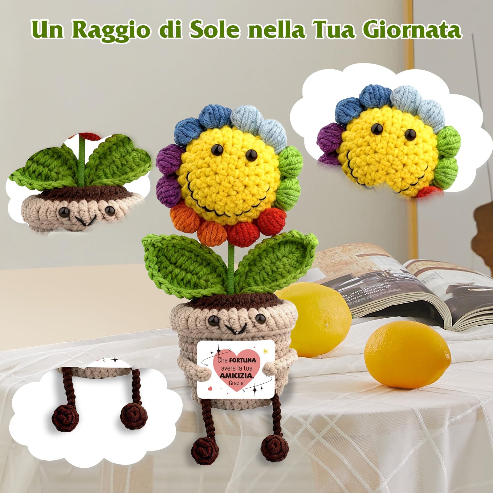 Regalo Girasole per Amici, Decorazioni da Scrivania per Casa e Ufficio, Pocket Hug Positive Fiori all'Uncinetto Regalo per Laurea Collega Sorella Amica Ufficio, Che Fortuna Averti - 5