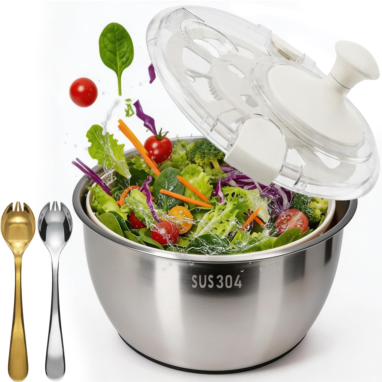ANVINKU Salad Spinner Large, Stainless Steel Lettuce Spinner with Drain, Salad Spinners with Non-Slip Base, Vegetable Dryer, BPA Free (5L)