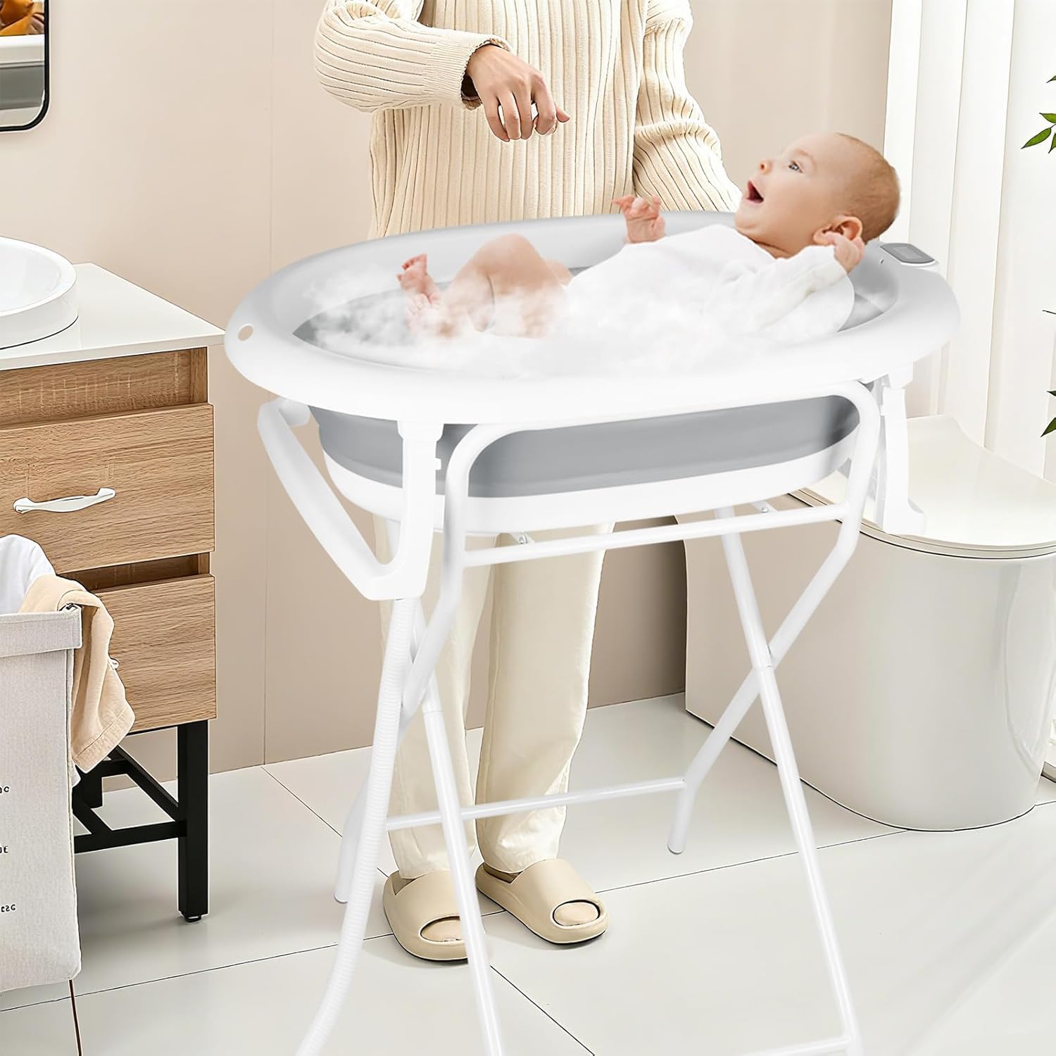 Vasca da bagno pieghevole con supporto in acciaio per neonati con termometro e tubo di scarico–Cuscino ergonomico neonato– guadagno di spazio piccolo bagno– 0-3 anni ((Style 1) 85 * 47 * 85cm-grey)