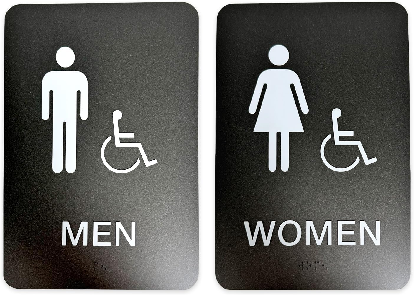Men And Women ADA Restroom Graphite Grey Signs / 6" x 9" Male And Female Graphite Gray Bathroom Sign Set With Braille And Handicap Symbol/Professional Grey And White Design/Made In The USA