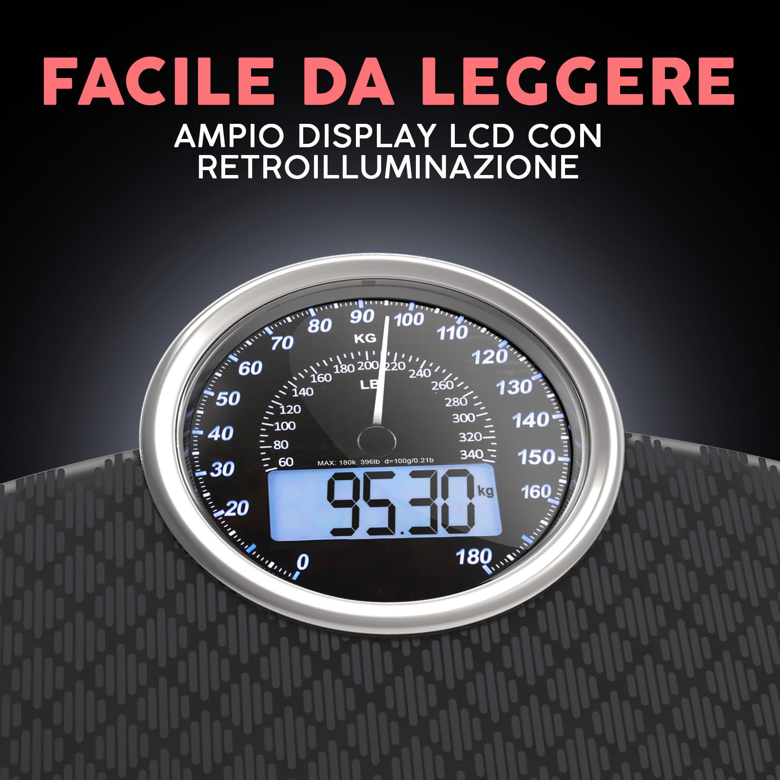 Hybrid Bilancia Pesapersone - Analogica & Digitale, Precisa fino a 180 kg | Leggete il peso su quadrante analogico e LCD insieme. Piattaforma larga, 3 batterie AAA incluse, pronta all'uso.