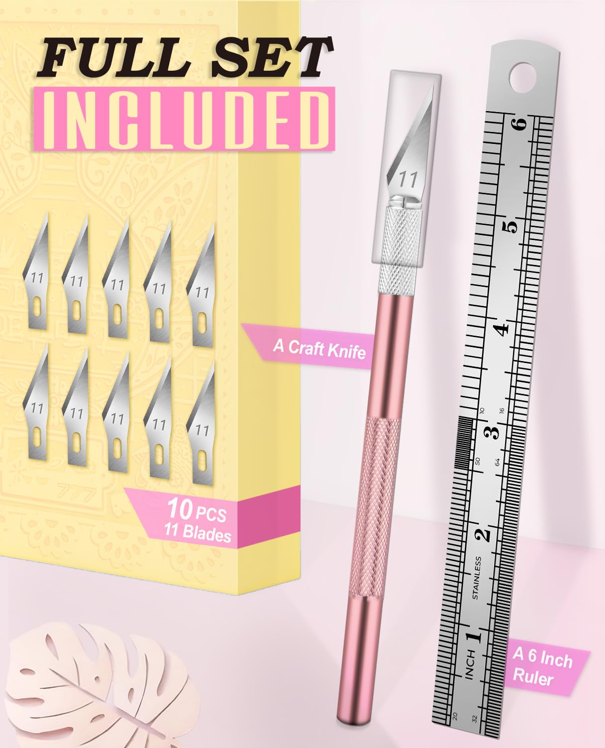 DIYSELF 1 cuchillo exacto para manualidades con 11 cuchillas de acero inoxidable, 1 regla de acero de 15 cm para arte, álbumes de recortes, plantilla (rosa)