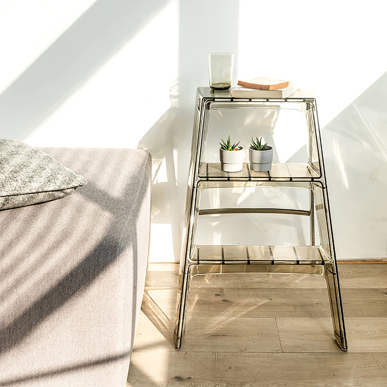 Mensola pieghevole a 3 gradini in acrilico trasparente, antiscivolo, per uso interno ed esterno, versatile, espositore per cucina e soggiorno, grigio, 44 x 59 x 61 cm