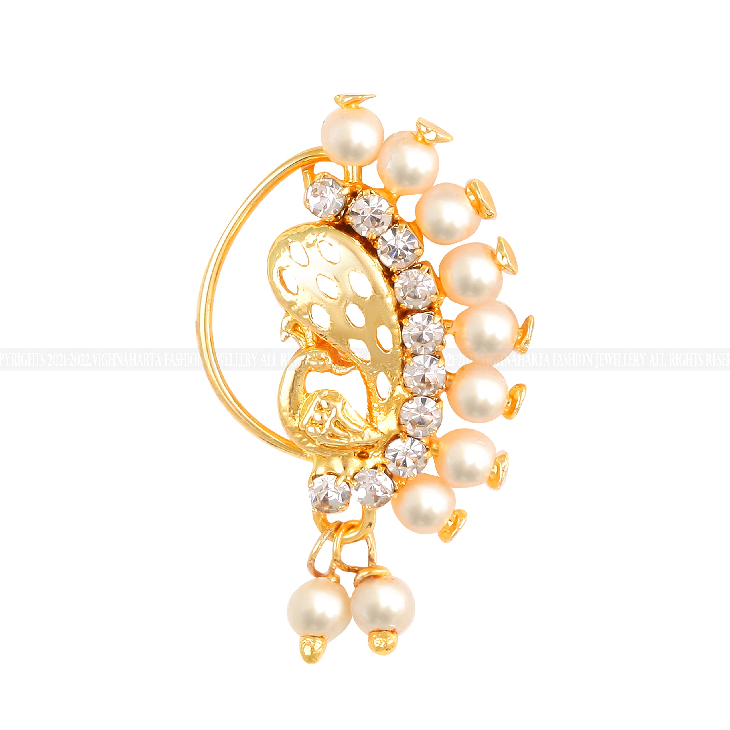 Vighnaharta Gold Plated Mayur design with Pearls and AD Stone Alloy Maharashtrian Nath Nathiya./ Nose Pin valentine day gift valentineday gift for her gift for him gift for women gift for women VFJ1025NTH-Press-image-49
